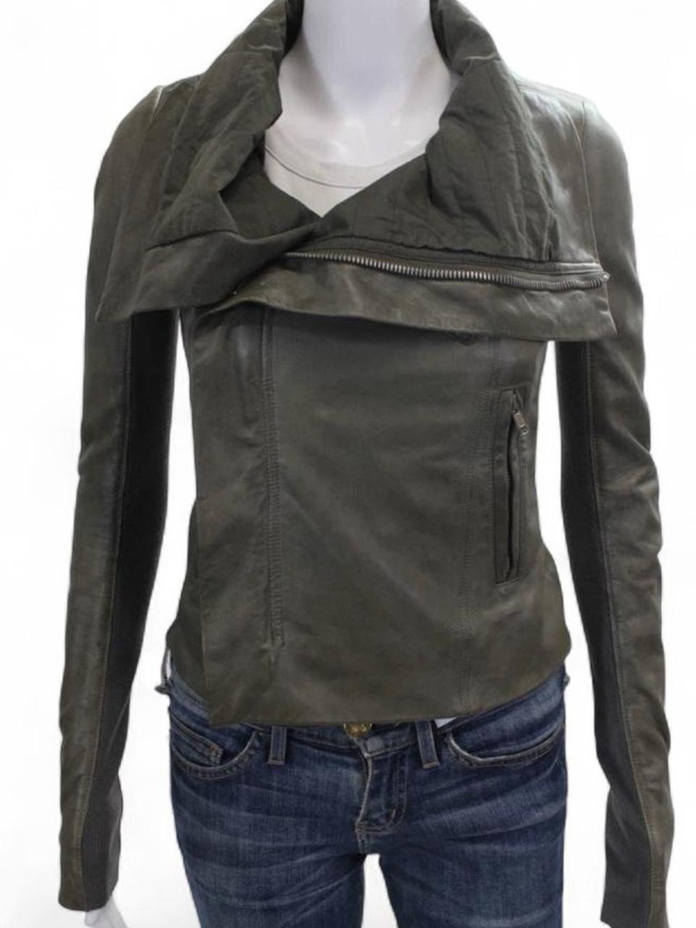 Rick Owens Draped Leather Jacket — Olive Green